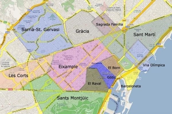 mapa donde hospedarse en Barcelona barrios