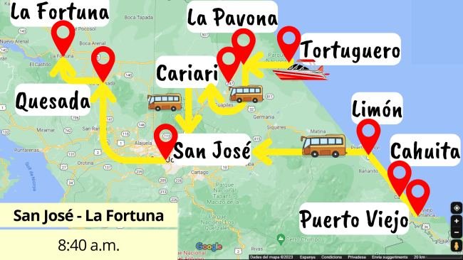 How to reach La fortuna from puerto viejo, cahuita, manzanillo, limon  and tortuguero