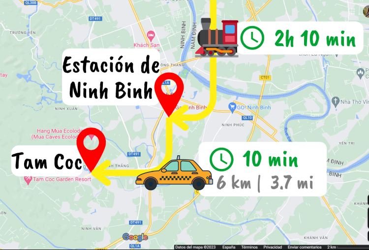 mapa para ir a Ninh Binh y tam coc desde hanoi en tren