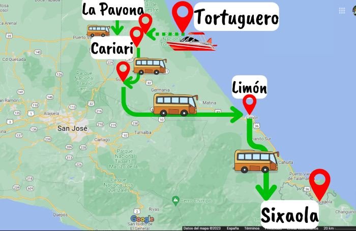 how to get from tortuguero to bocas del toro by bus and boat